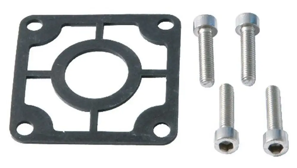 Dichtungsset von Syr, bestehend aus einer gummiartigen Dichtung in quadratischer Form und vier passenden Schrauben.